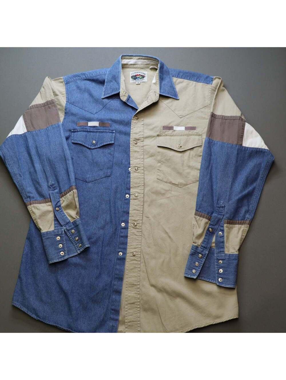 Cumberland Outfitters Mens M Western Shirt Colorblock Denim Tan Pearl Snap